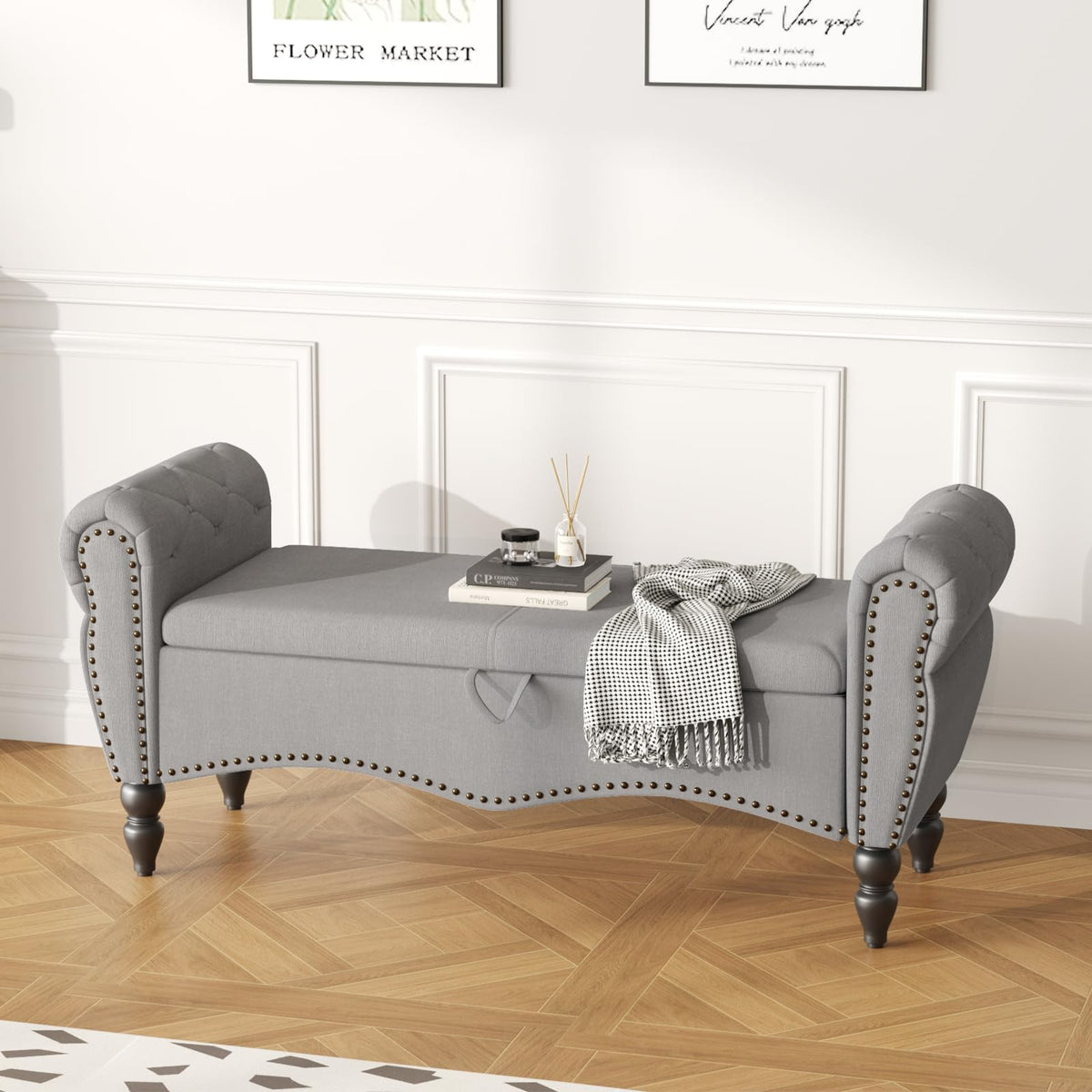 Grey Linen Upholstered Storage Bench with Wood Legs R2391
