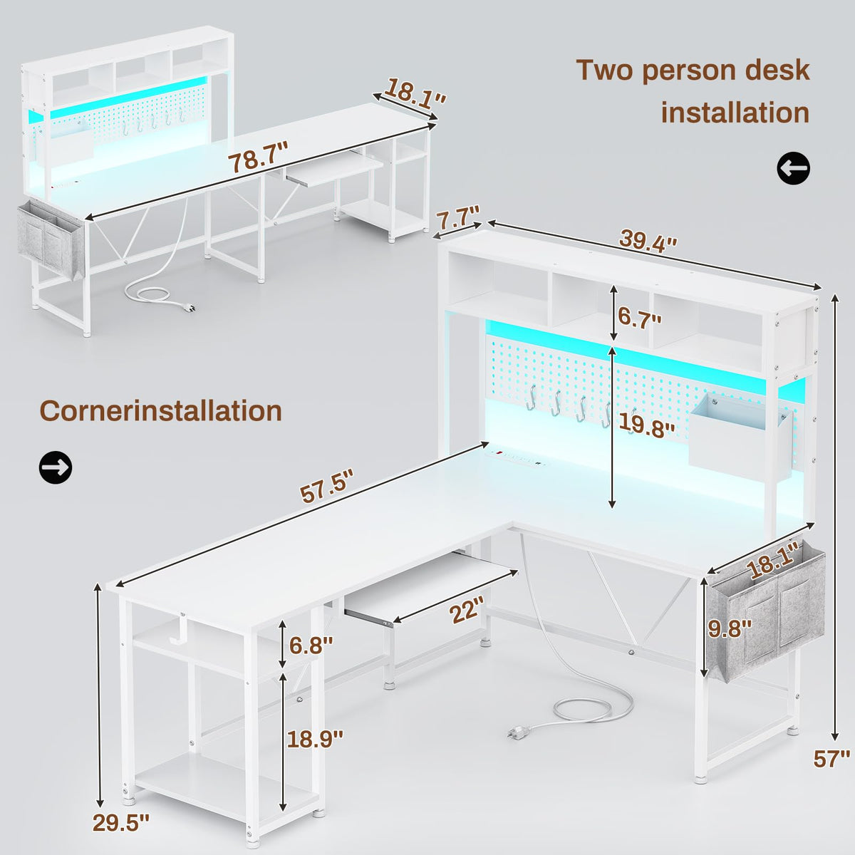 White L Shaped Office Desk with Power Outlet and Storage Shelves Z150