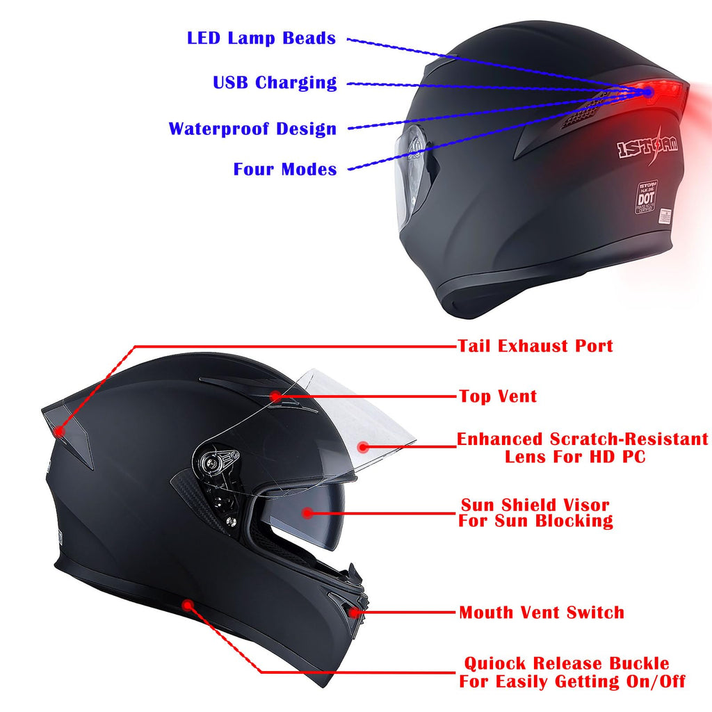 Full Face Motorcycle Helmet with LED Tail Light Matt Black K24635
