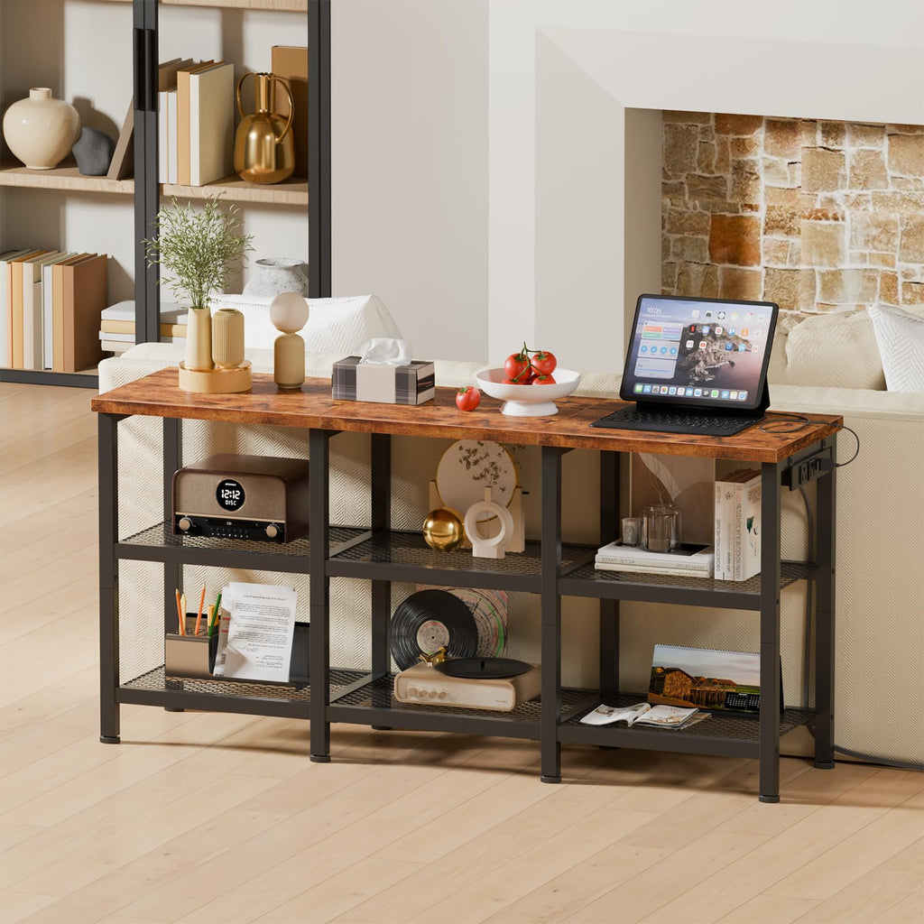 Rustic Brown TV Stand with Power Outlets and Open Storage Shelves T6546