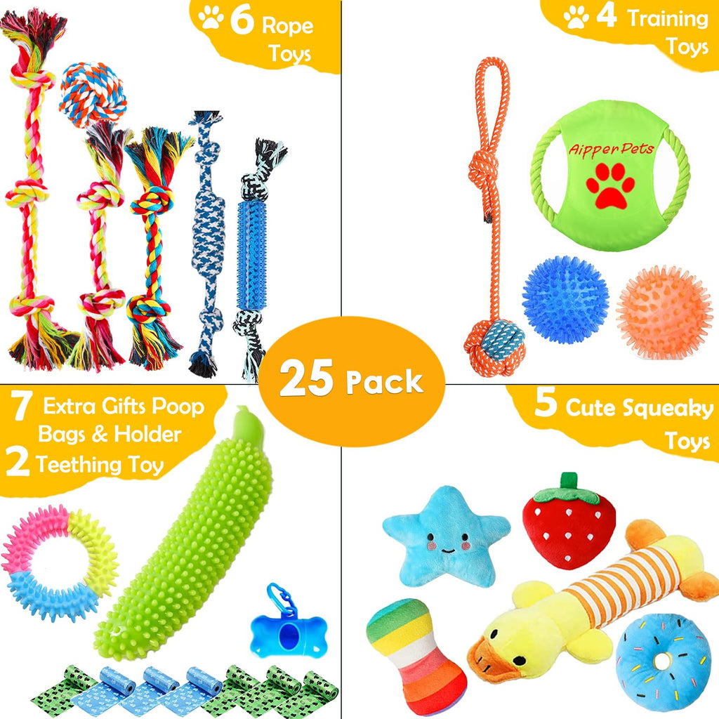 25 Pack Puppy Chew Toys with Squeak Plush Rope Toys U71000