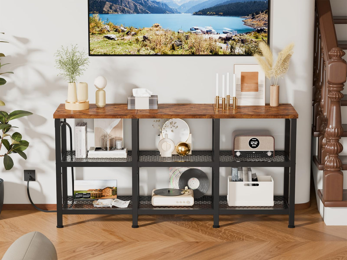 Rustic Brown TV Stand with Power Outlets and Open Storage Shelves T6546