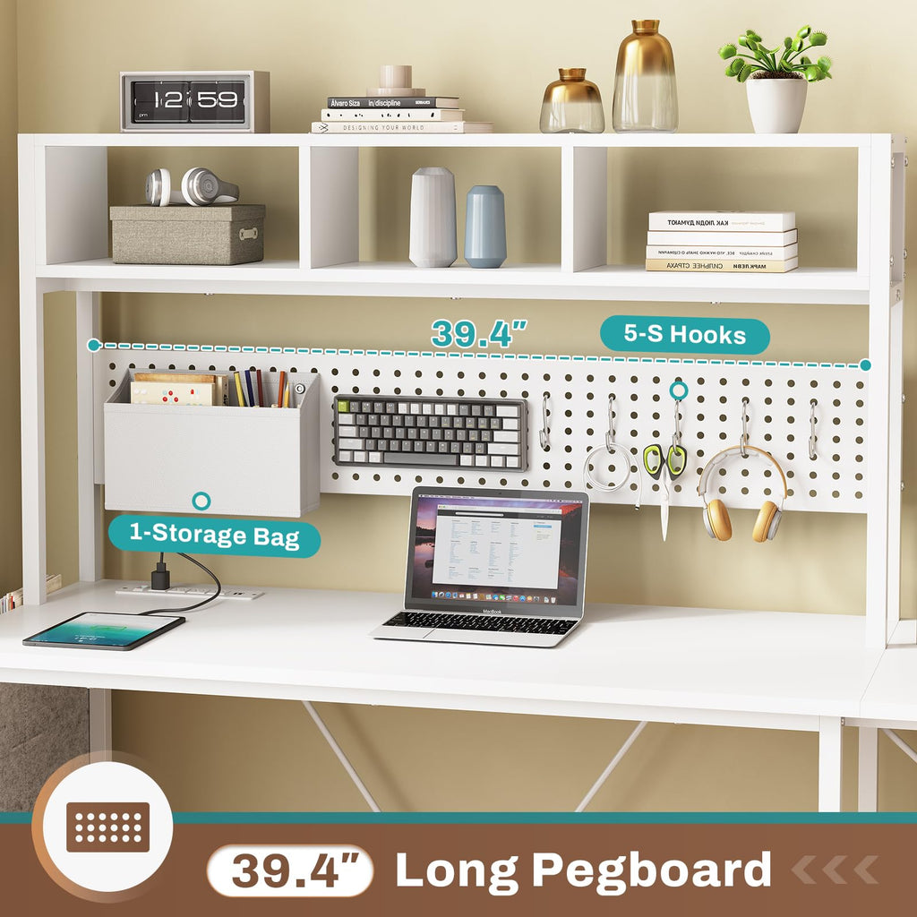 White L Shaped Office Desk with Power Outlet and Storage Shelves Z150