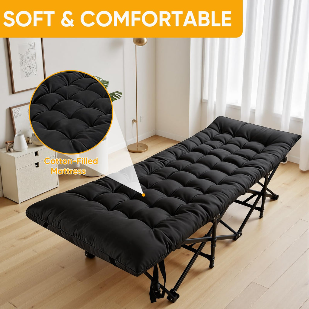 Camping Cot with Thick Mattress and Side Pocket, Black J78801