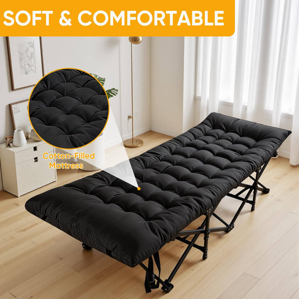 Camping Cot with Thick Mattress and Side Pocket, Black J78801