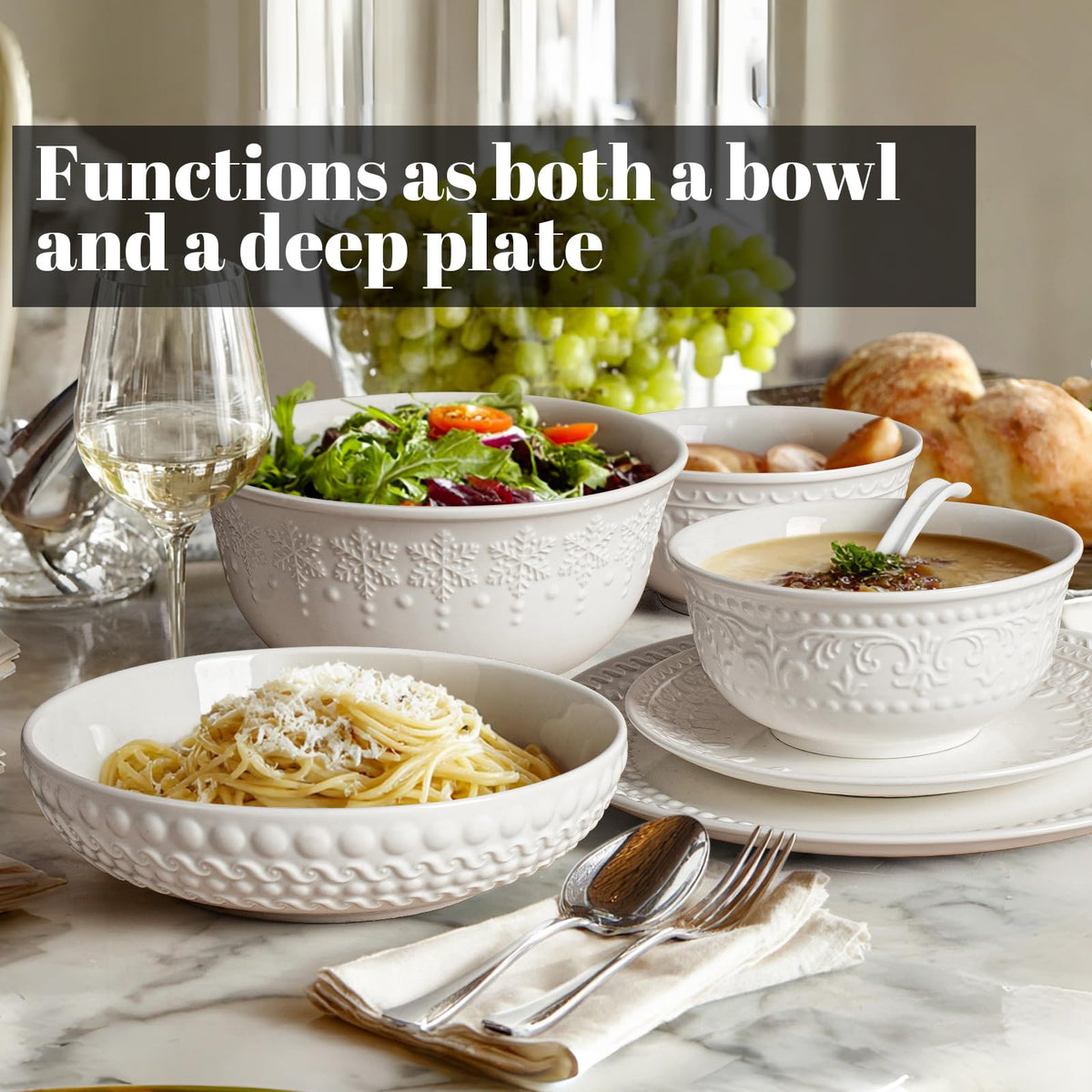 White 32oz Ceramic Pasta Bowls Set of 4 D323
