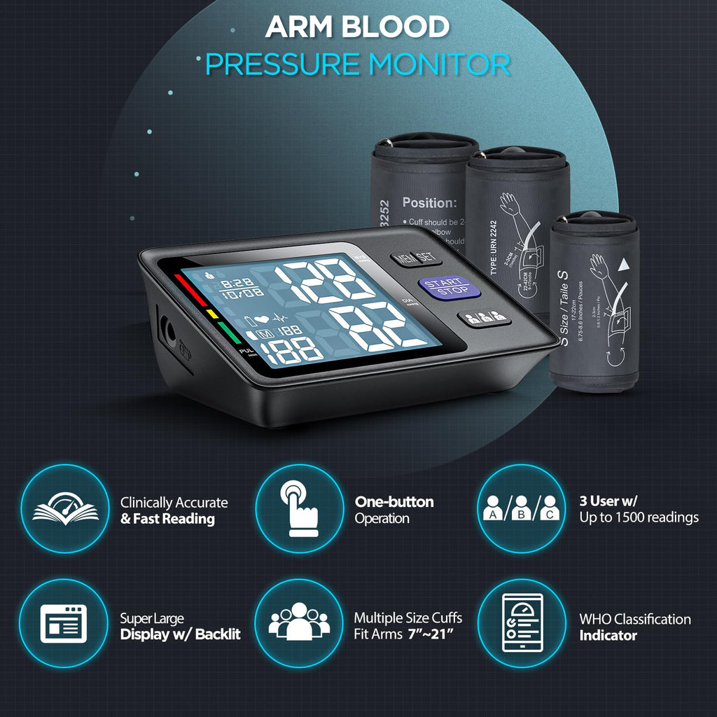 Blood Pressure Machine Upper Arm, 3 Size Cuffs, Automatic Digital BP Monitor, Large Backlit LCD G441