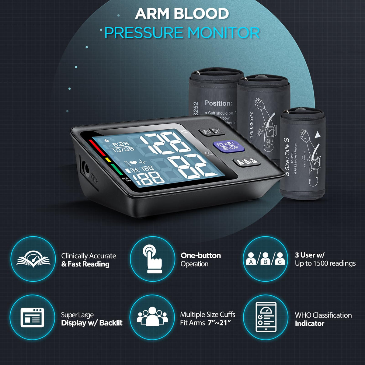 Blood Pressure Machine Upper Arm, 3 Size Cuffs, Automatic Digital BP Monitor, Large Backlit LCD G441