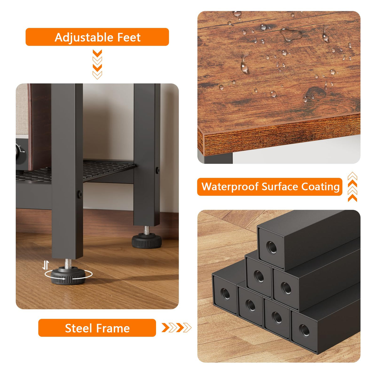 Rustic Brown TV Stand with Power Outlets and Open Storage Shelves T6546