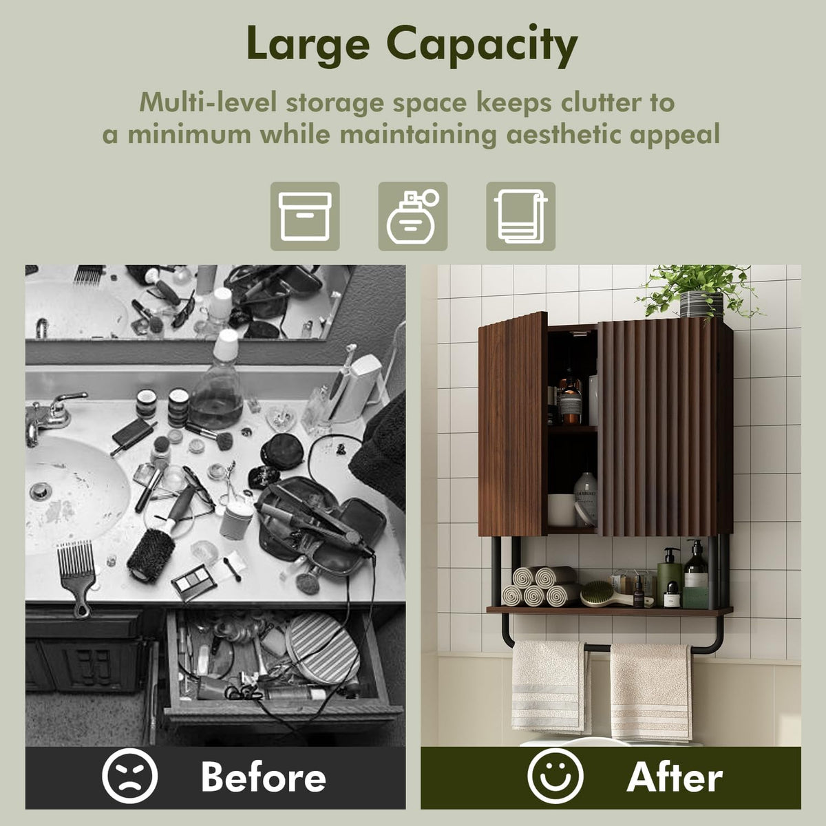 Fluted 2 Doors 3-Tier Bathroom Wall Cabinet U23607