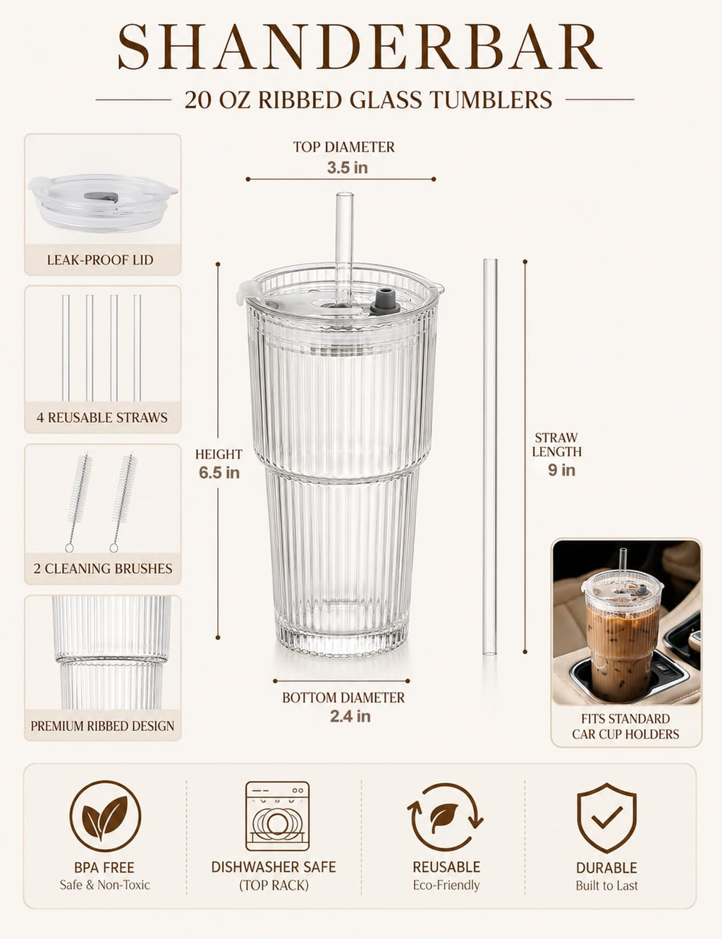 20 oz Ribbed Glass Tumblers with Lids and Straws, Set of 4 X1509