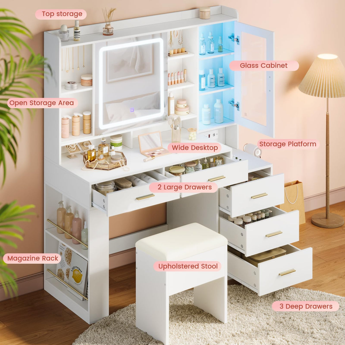 White Makeup Vanity Desk with Sliding LED Lighted Mirror Z6253
