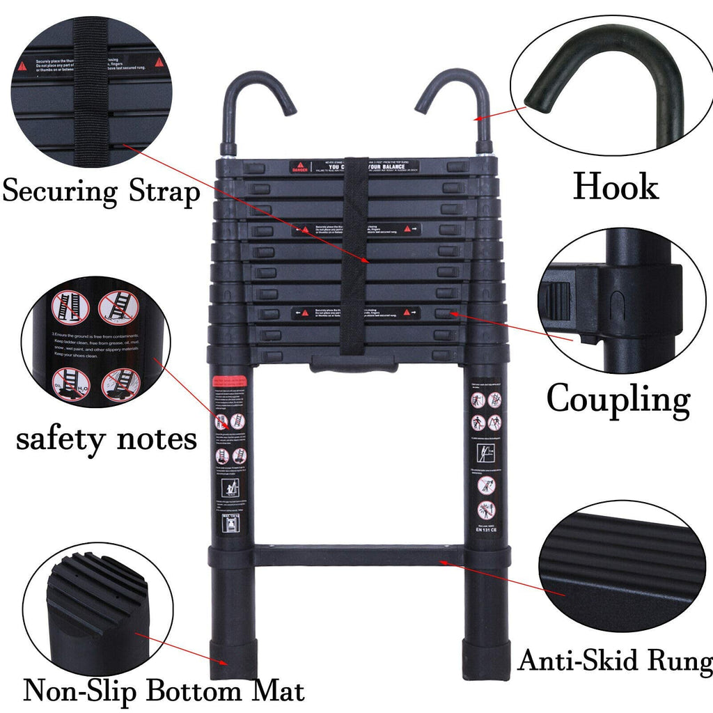 Black 20.3FT Aluminum Telescoping Ladder 330lbs Capacity S346