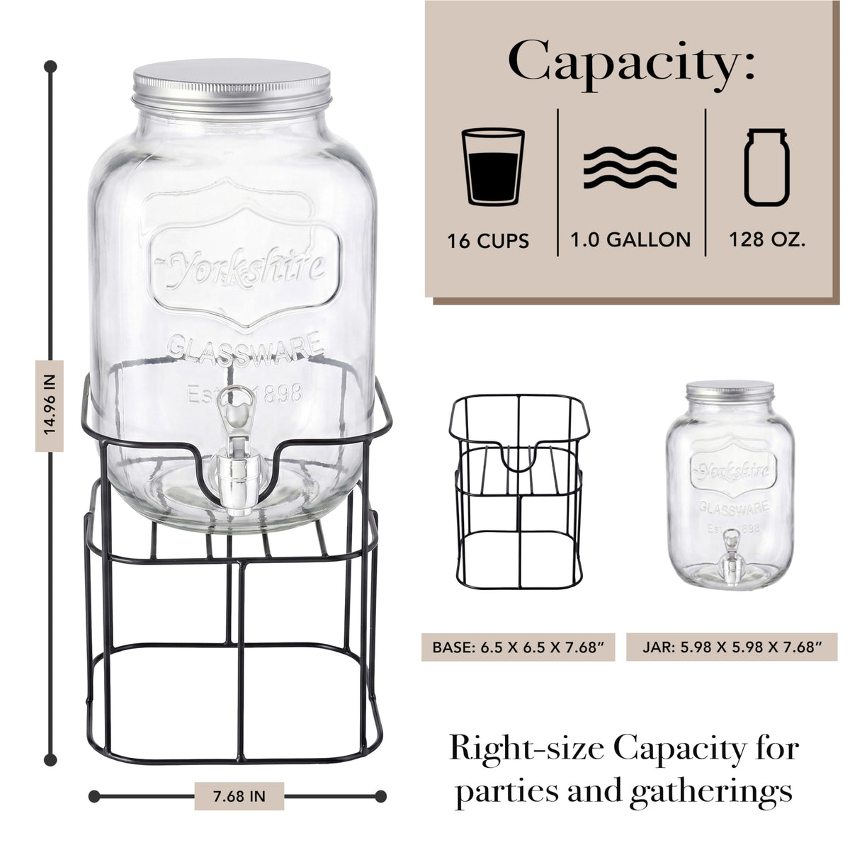 Mason Jar Glass Beverage Dispenser with Metal Stand, 1 Gal Q421