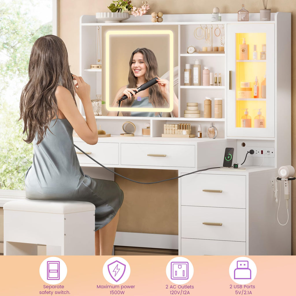 White Makeup Vanity Desk with Sliding LED Lighted Mirror Z6253