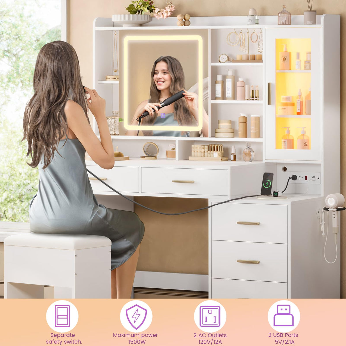 White Makeup Vanity Desk with Sliding LED Lighted Mirror Z6253