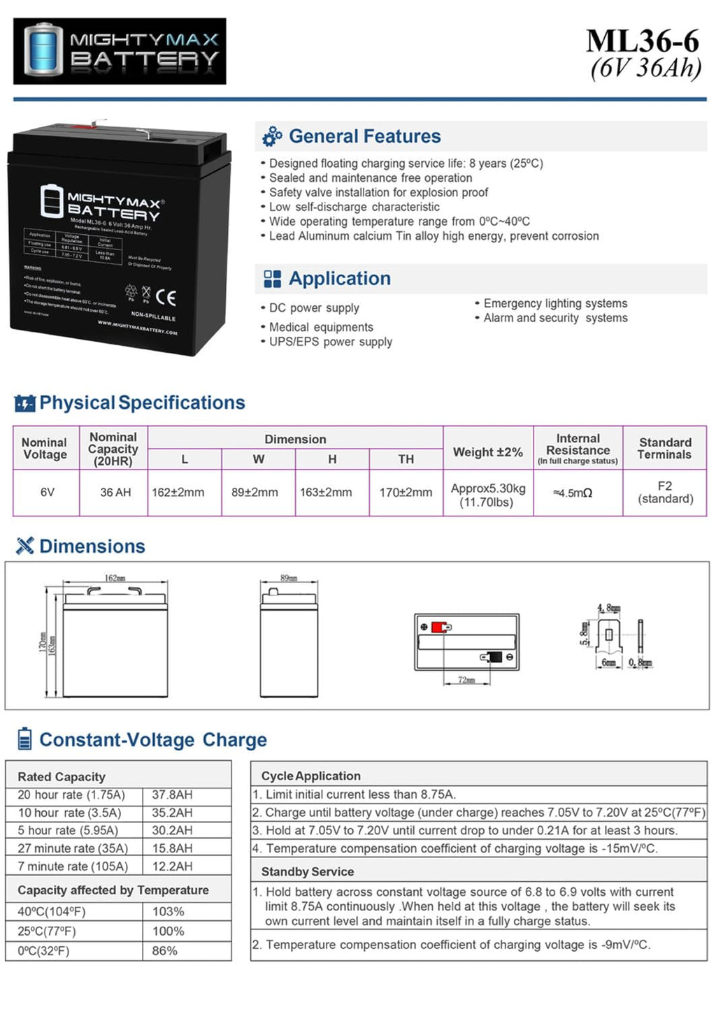6V 36Ah AGM F2 Terminal Battery 4 Pack S5500