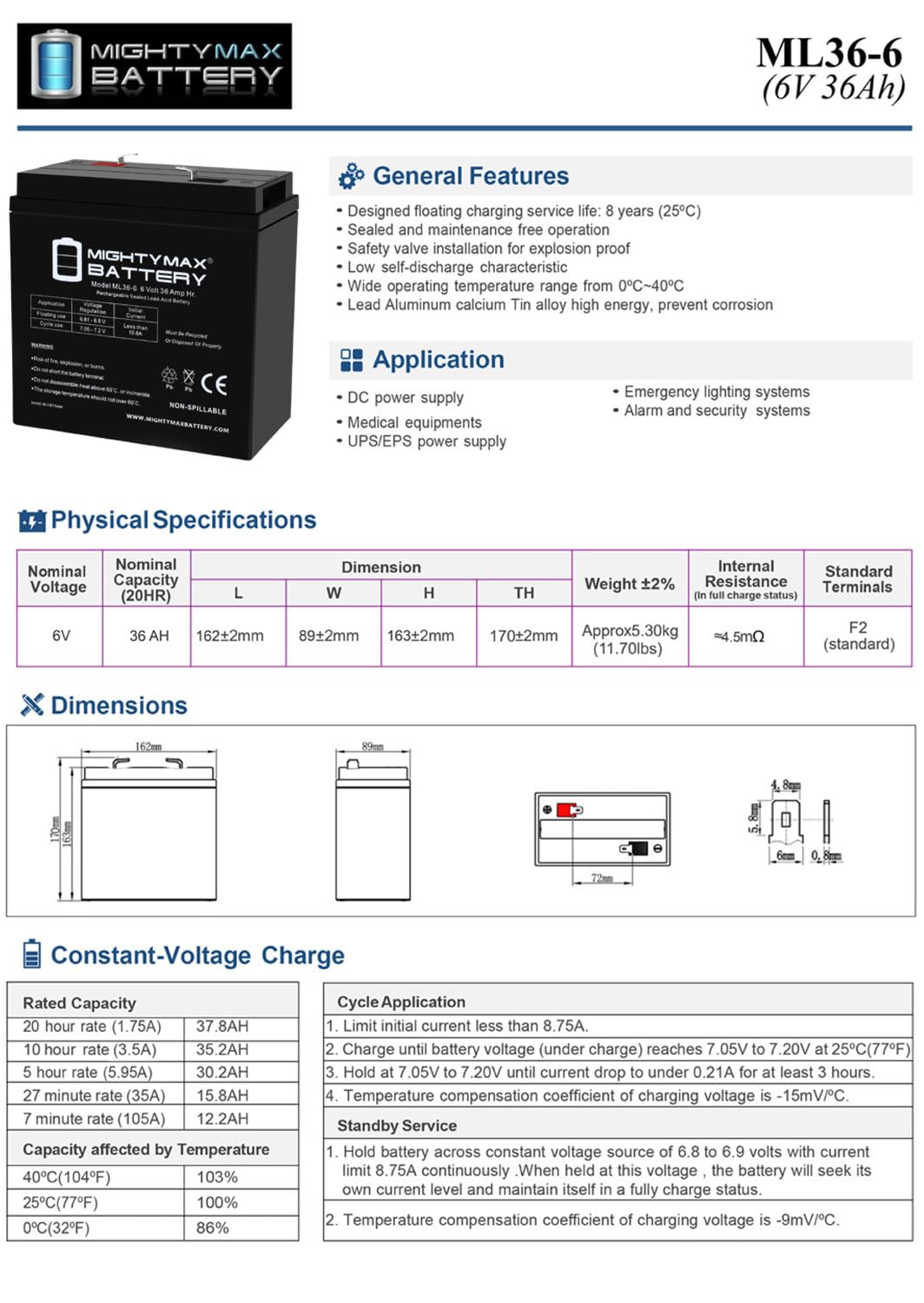 6V 36Ah AGM F2 Terminal Battery 4 Pack S5500