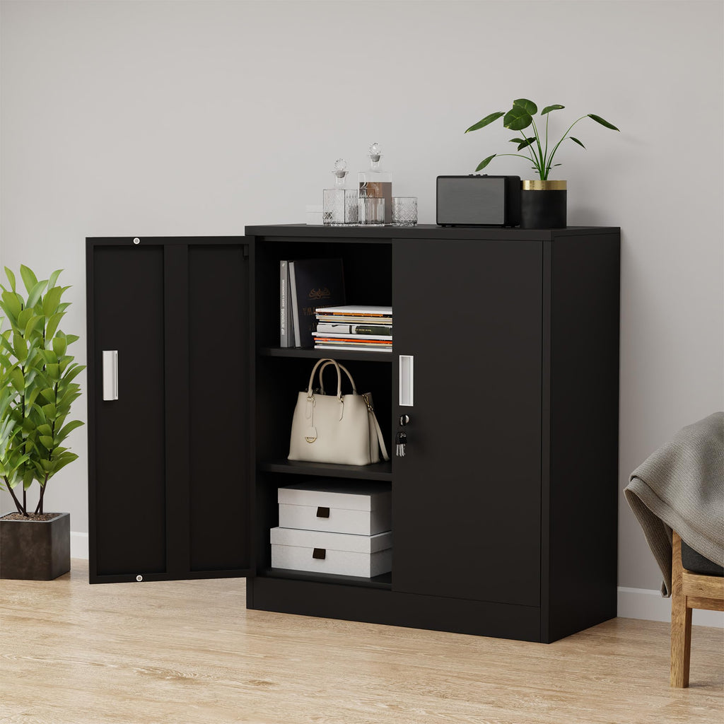 Metal Storage Cabinet with Locking Doors and 2 Adjustable Shelves, Black X496