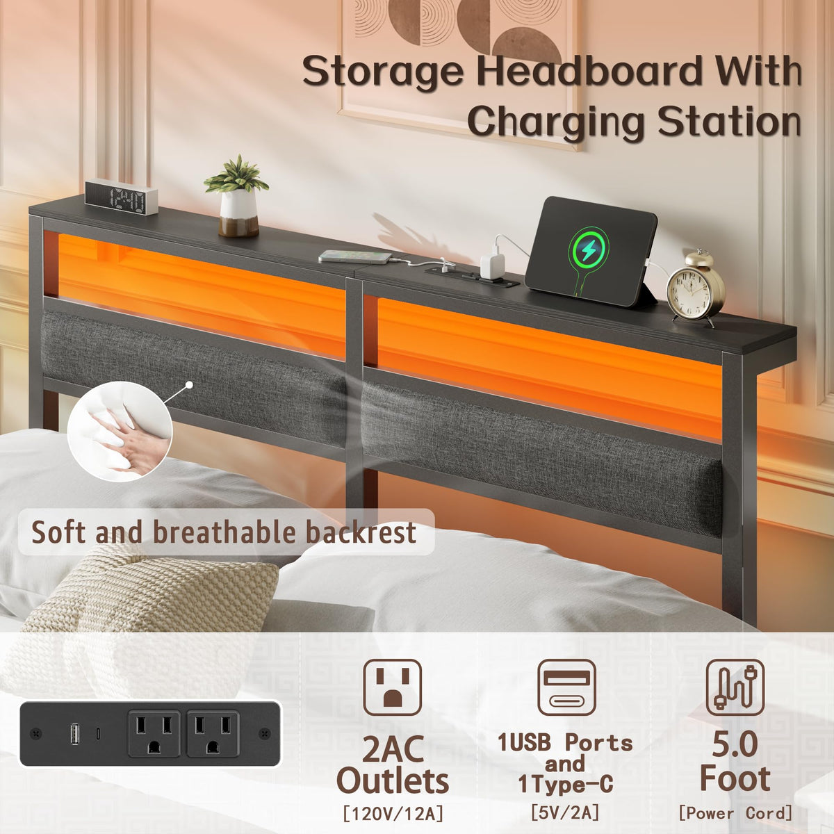 Full Size Black Platform Bed with LED Lights & Charging J3285