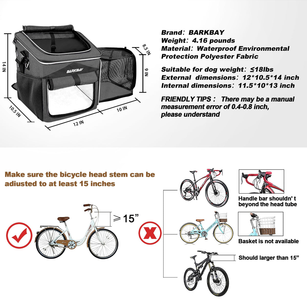 Foldable Soft-Sided Dog Bike Basket Carrier with 2 Open Doors Y8761