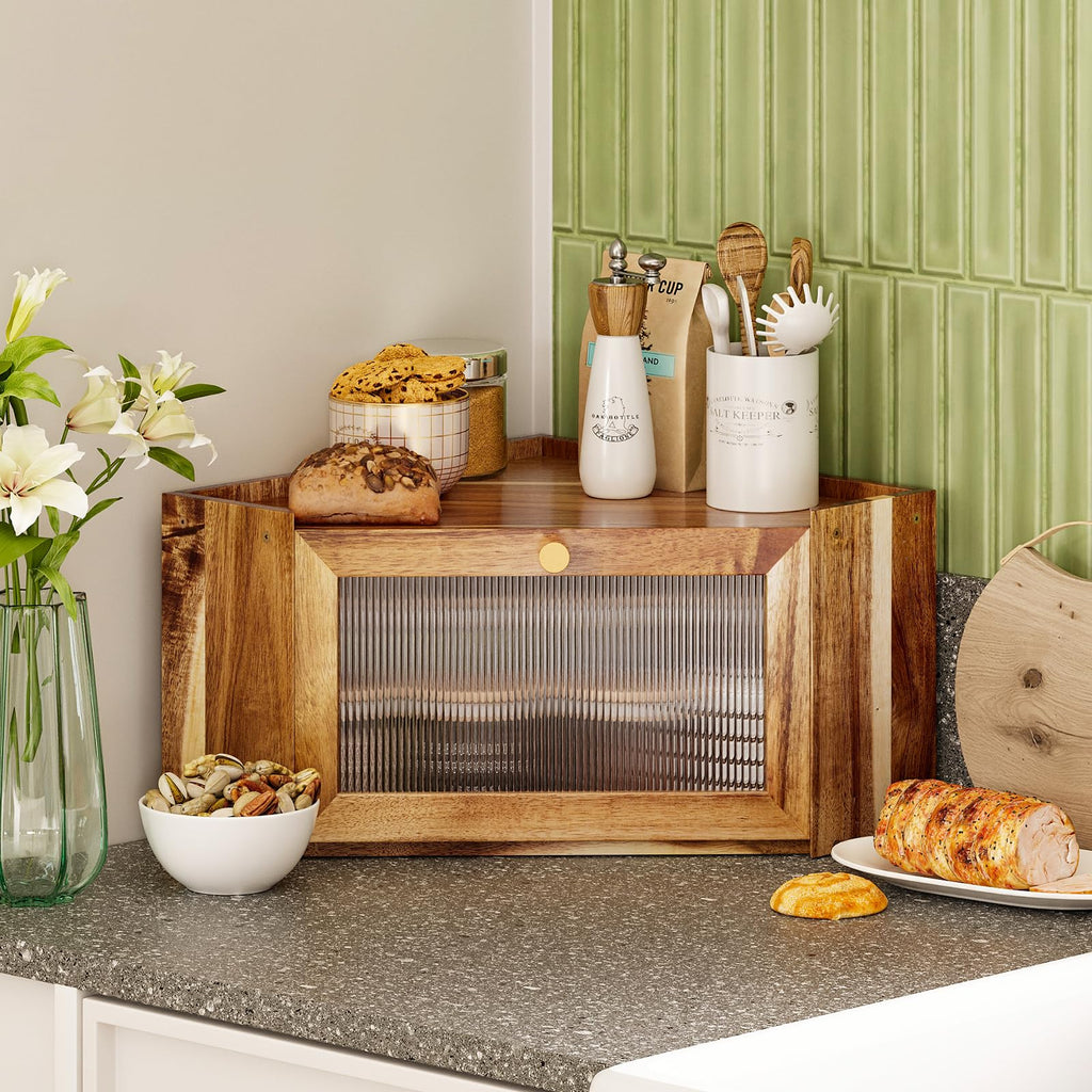 Acacia Wood Corner Bread Box H3965