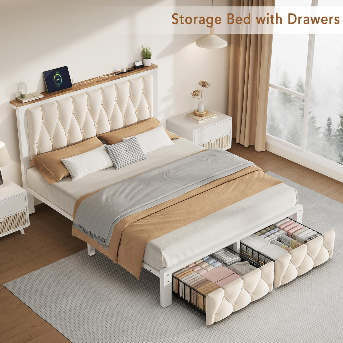 Beige Full Upholstered Platform Bed Frame with 2 Storage Drawers U97785