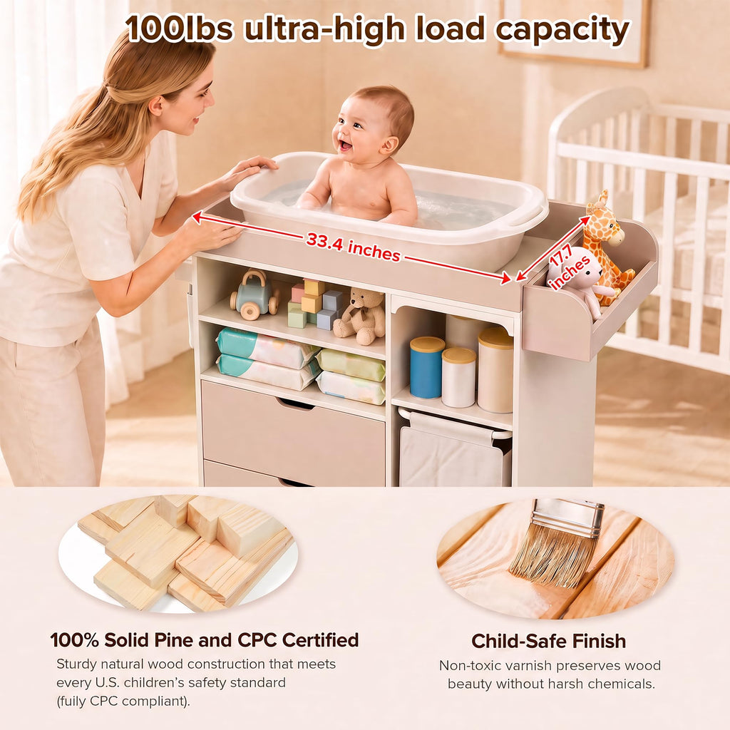 Beige Baby Changing Table Dresser with Drawers U864