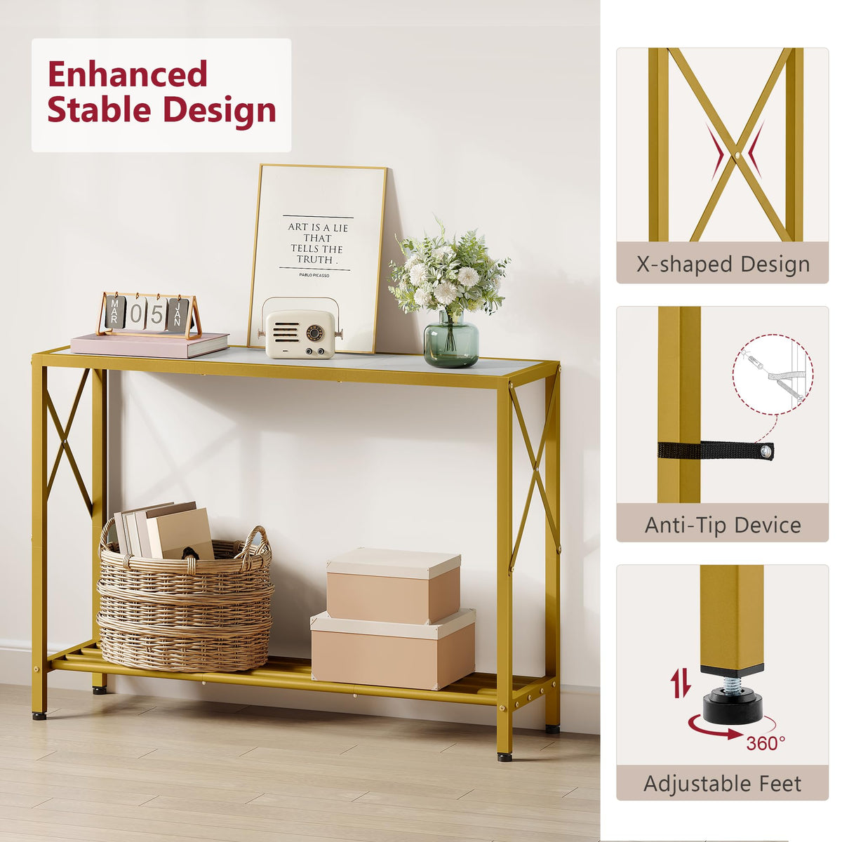 41.8" 2 Tier Gold Console Table with Shelves Z946