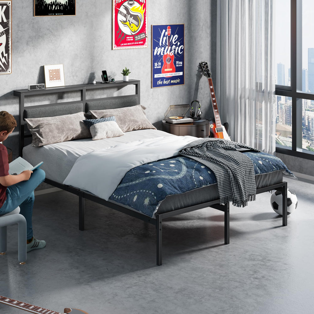 Full Size Black Platform Bed with LED Lights & Charging J3285