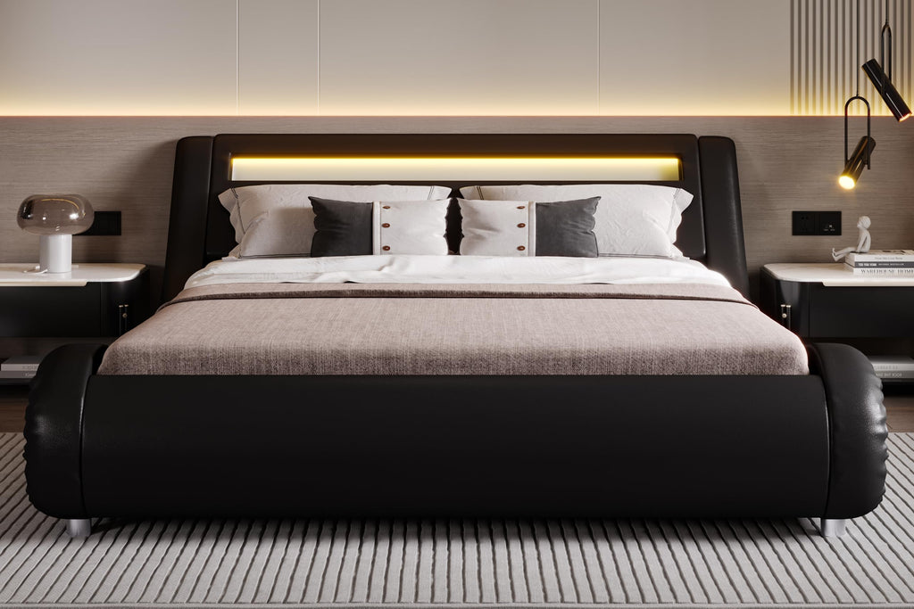 Full Size Bed Frame with Upholstered LED Headboard A7608