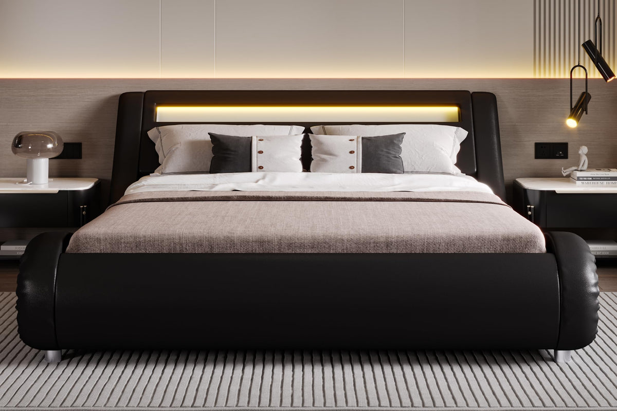 Full Size Bed Frame with Upholstered LED Headboard A7608