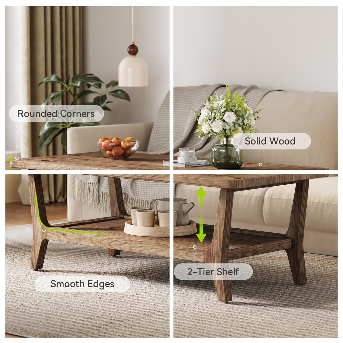 Solid Wood Coffee Table with Storage, 2-Tier Shelf H632711