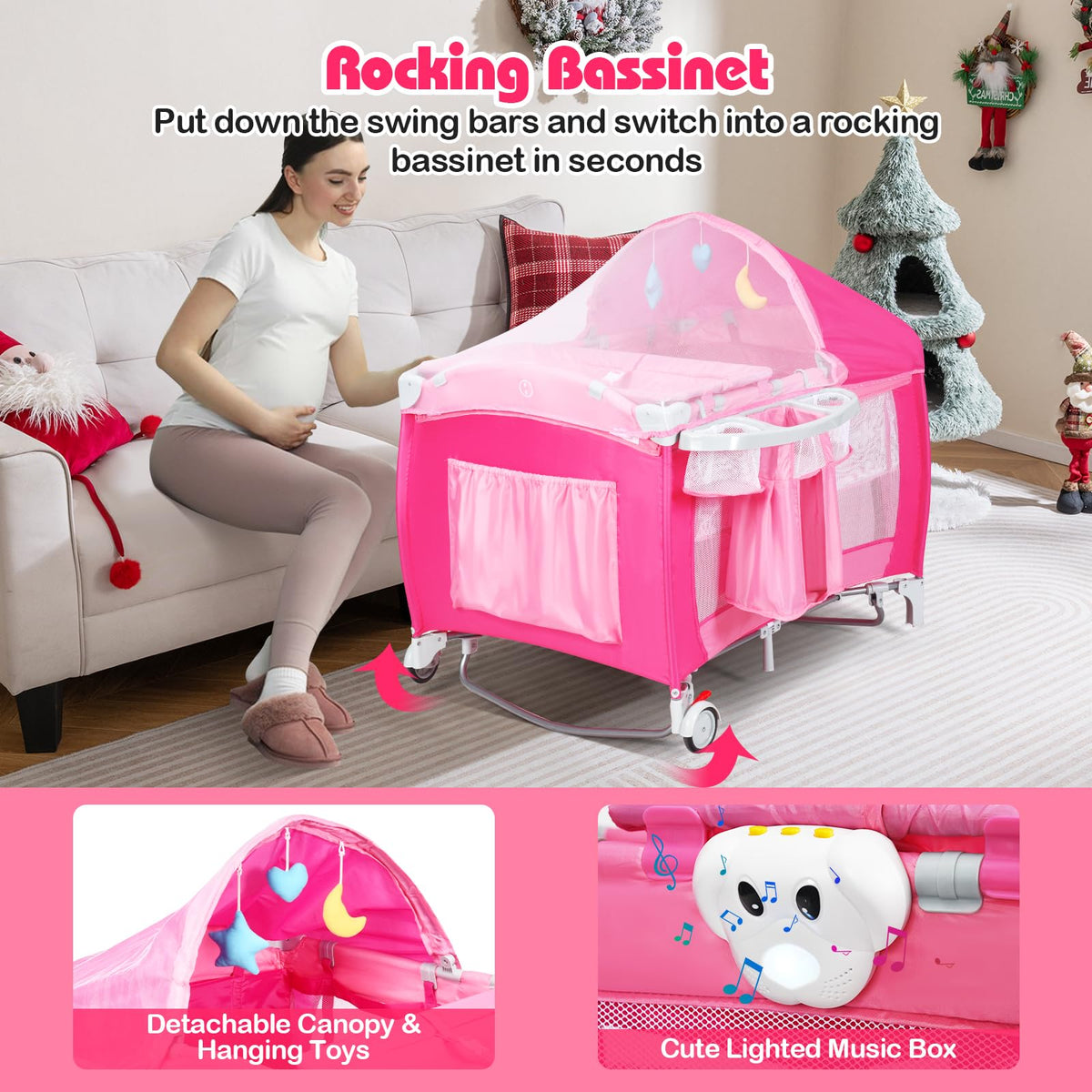 4 in 1 Pack and Play Portable Baby Bassinet Playpen with Diaper Changer Mattress Canopy Storage Rack Toy Bar Music Box Foldable Travel Playard Pink W5586