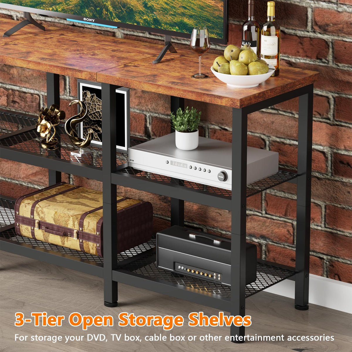 Rustic Brown TV Stand with Power Outlets and Open Storage Shelves T6546