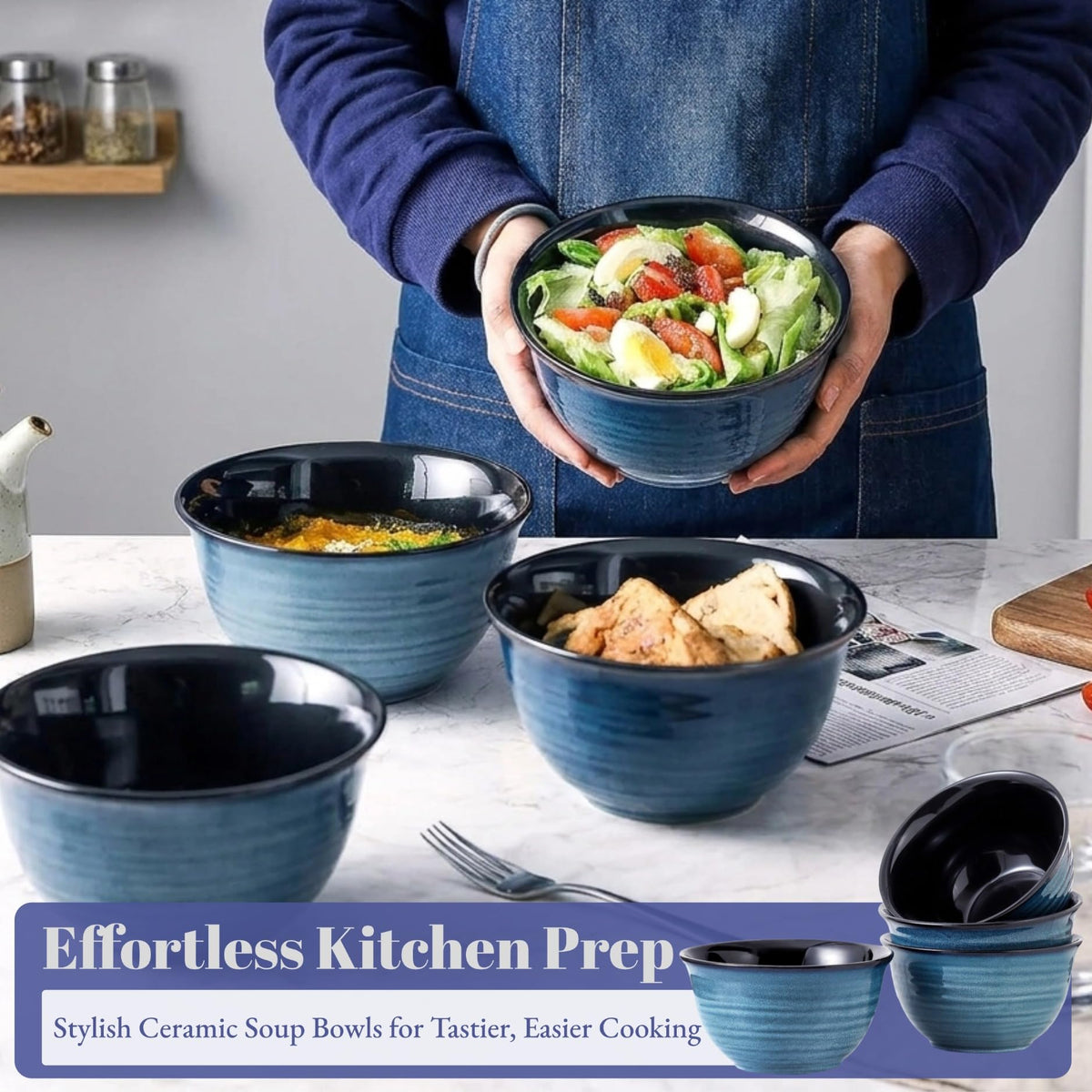 Ceramic Soup Bowls Set of 4, 40 Ounce Navy Blue F99096