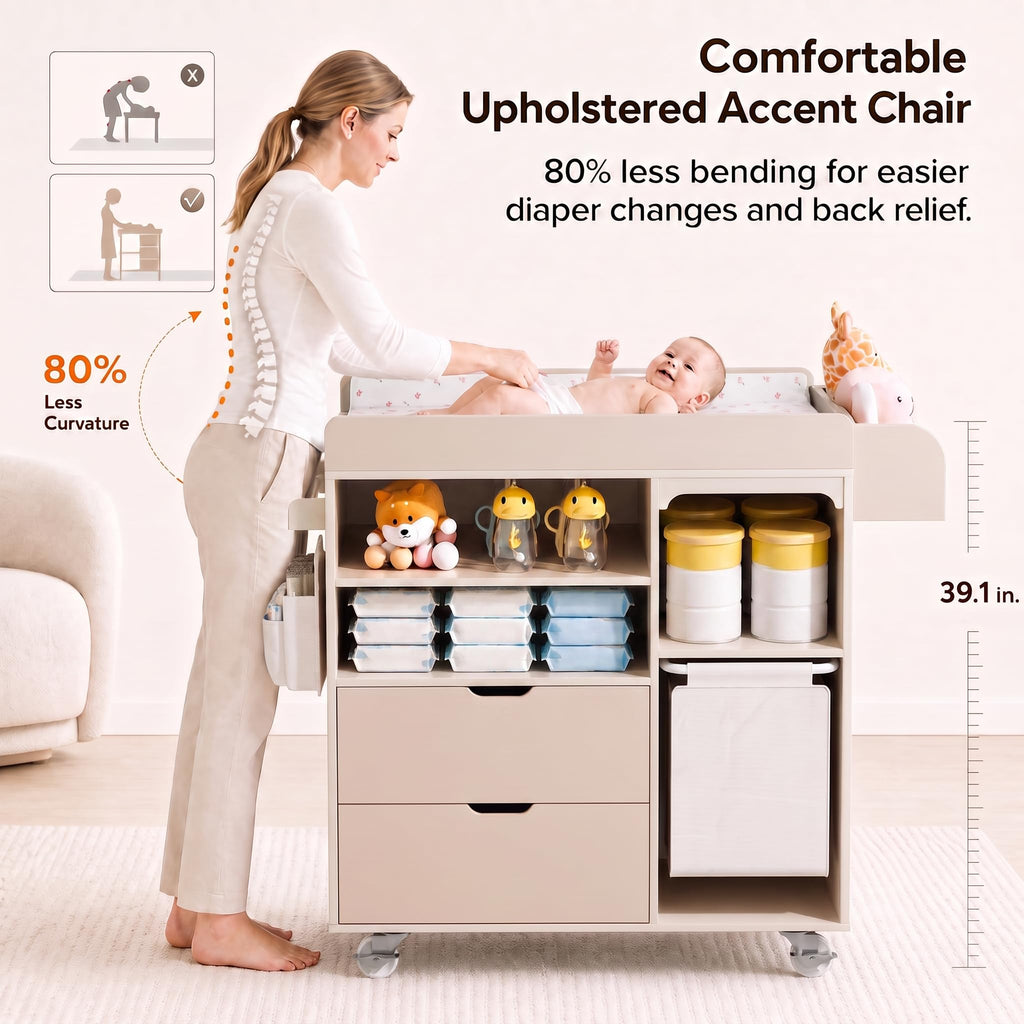 Beige Baby Changing Table Dresser with Drawers U864