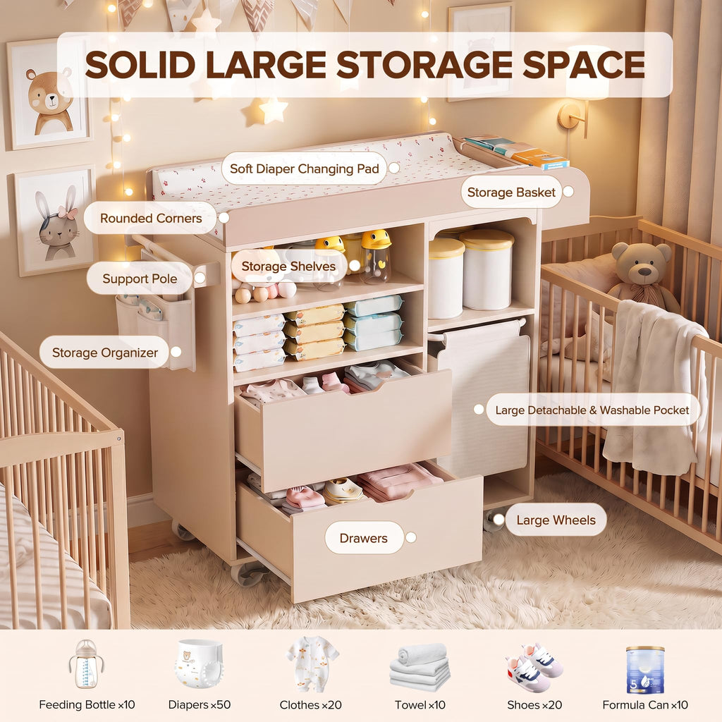 Beige Baby Changing Table Dresser with Drawers U864
