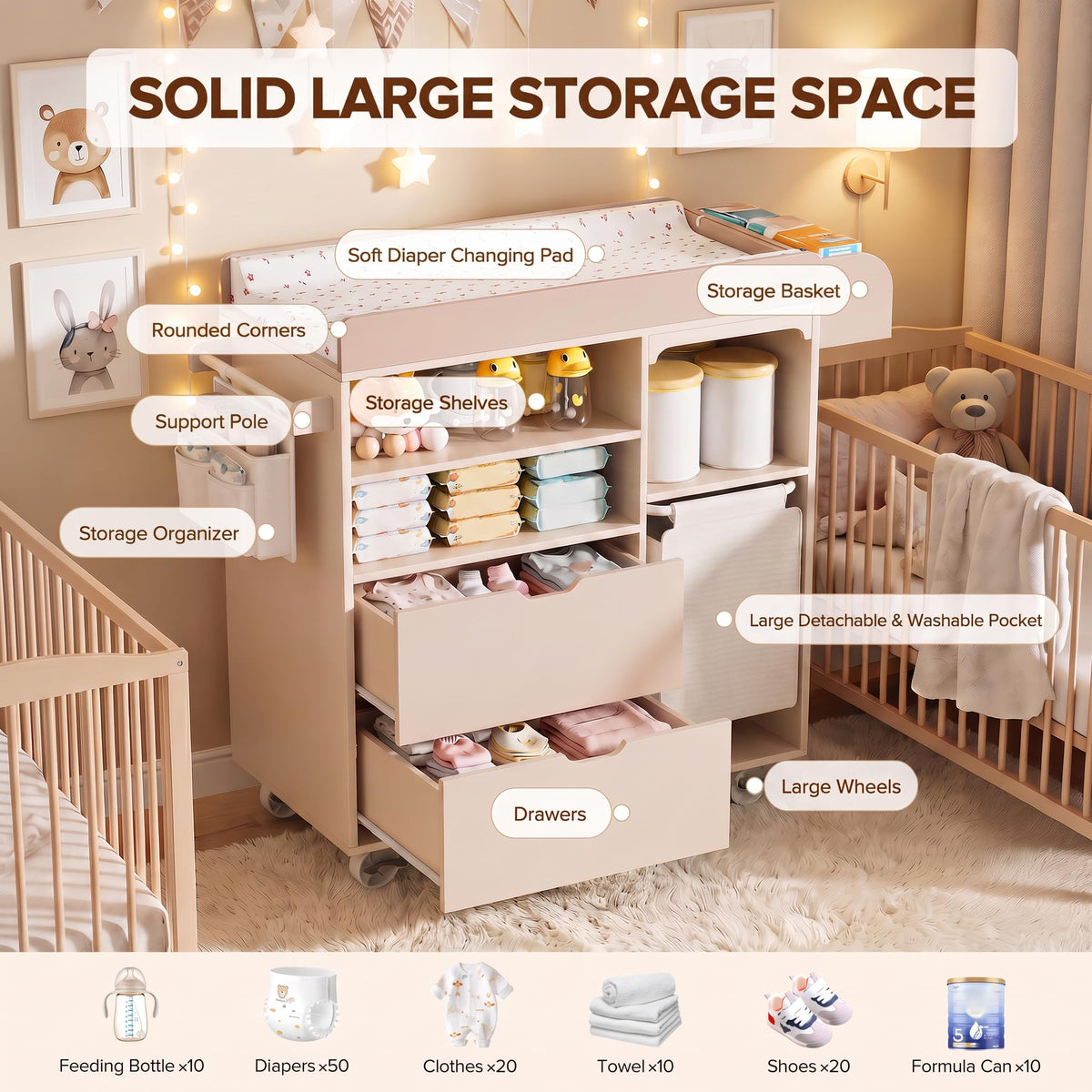 Beige Baby Changing Table Dresser with Drawers U864