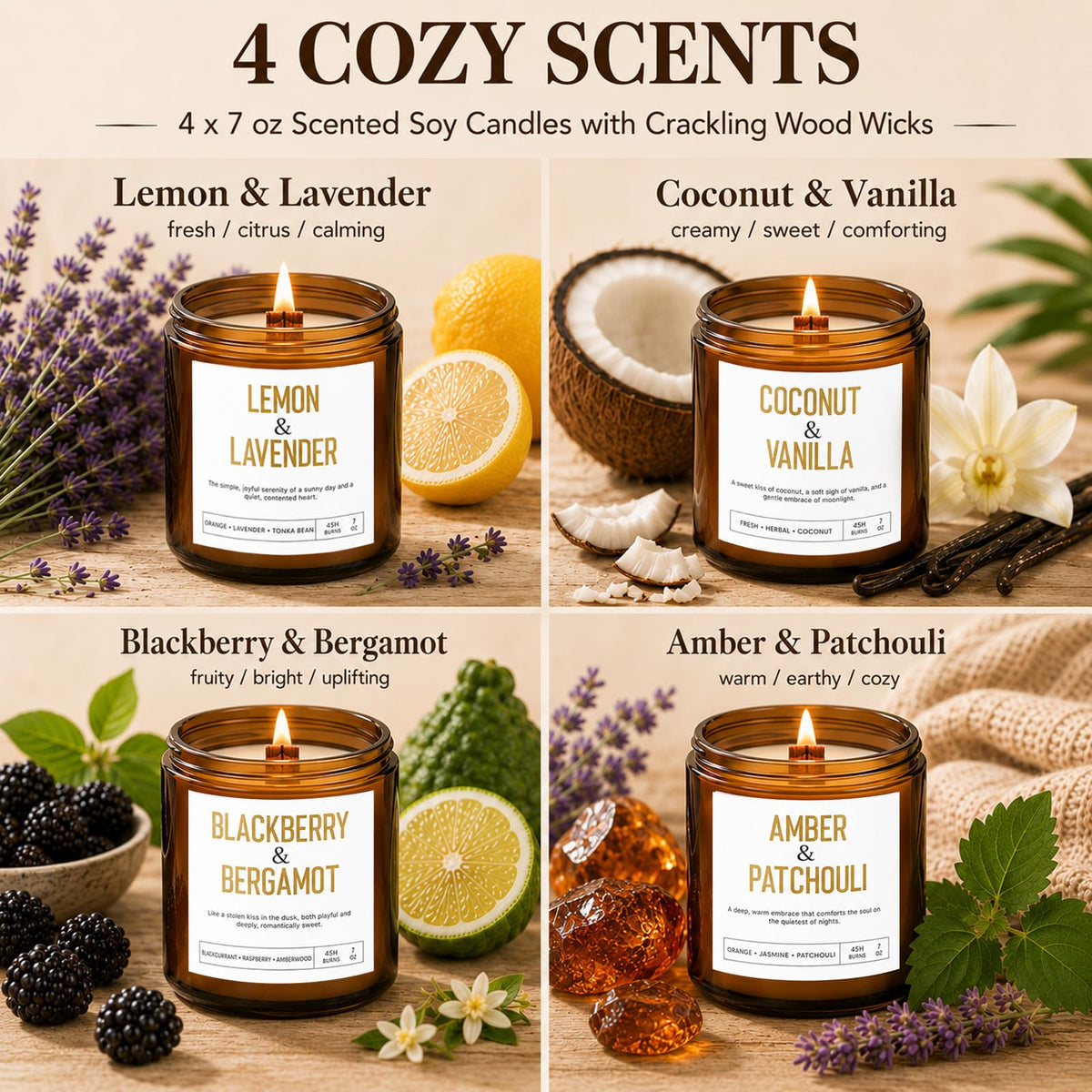 4 Pack Scented Candle Set with Wooden Wick B3077