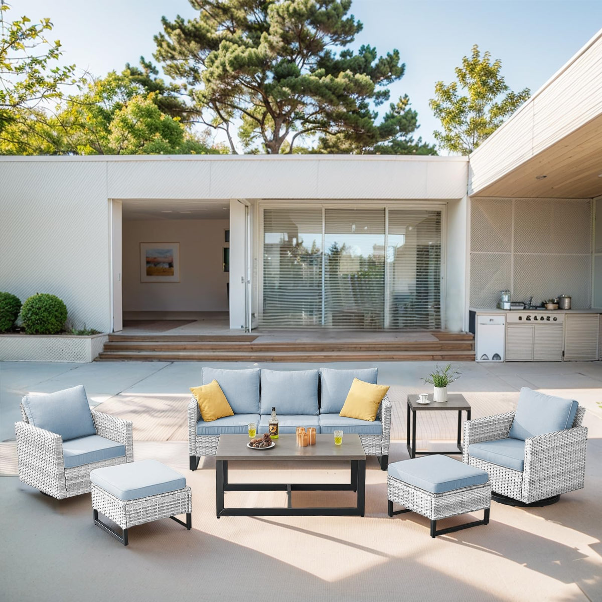 7 Piece Wicker Patio Sofa Set with Swivel Rocker Chairs and Ottomans S15565