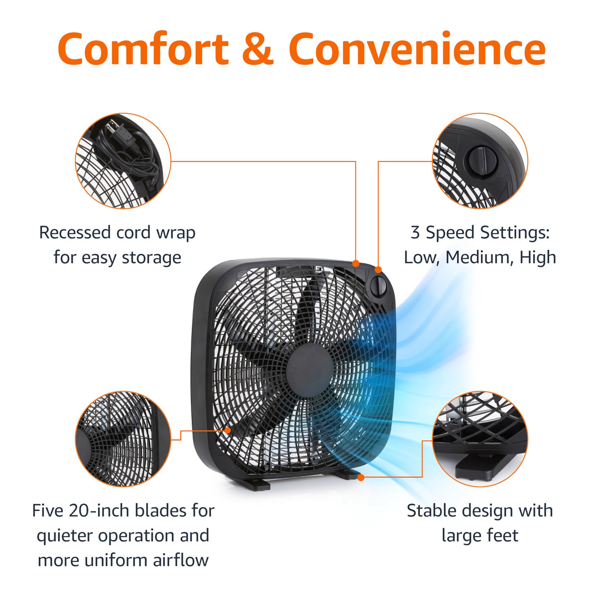 Black 20-Inch 3-Speed Box Fan with Carry Handle F49376