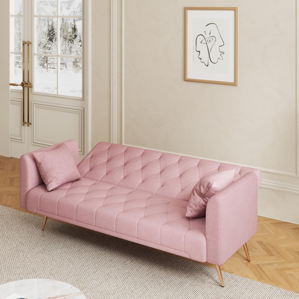 71" Velvet Futon Sofa Bed with 2 Pillows H191