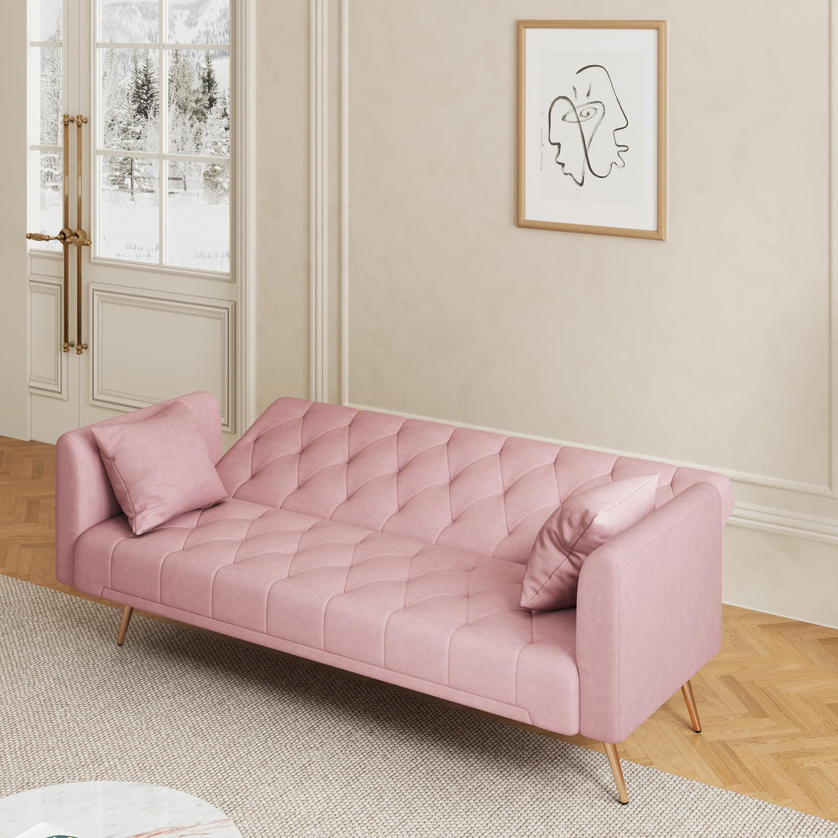 71" Velvet Futon Sofa Bed with 2 Pillows H191
