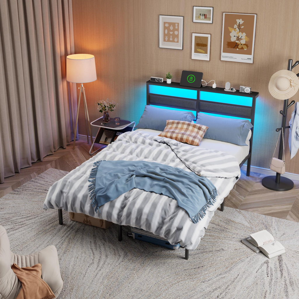Full Size Black Platform Bed with LED Lights & Charging J3285