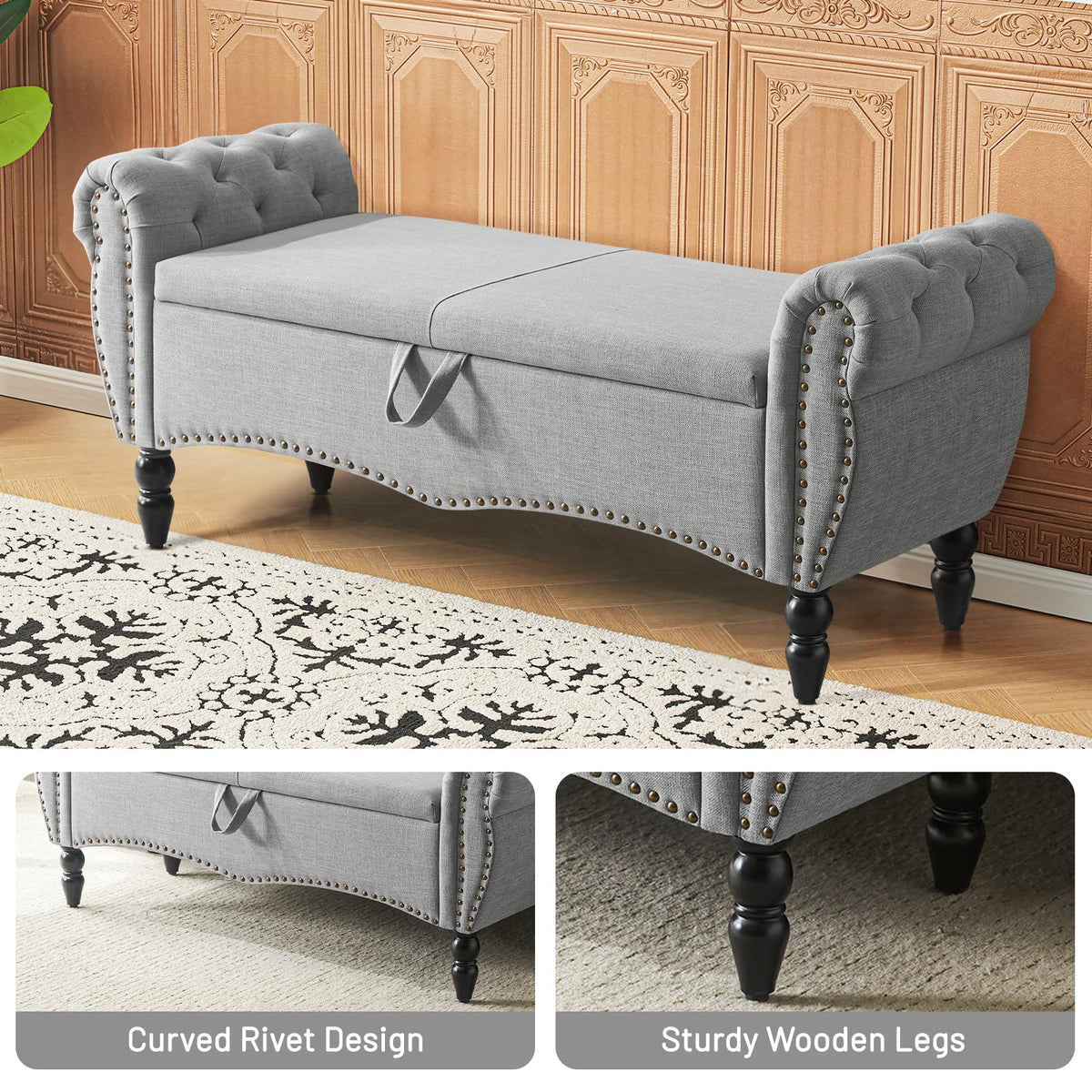 Grey Linen Upholstered Storage Bench with Wood Legs R2391