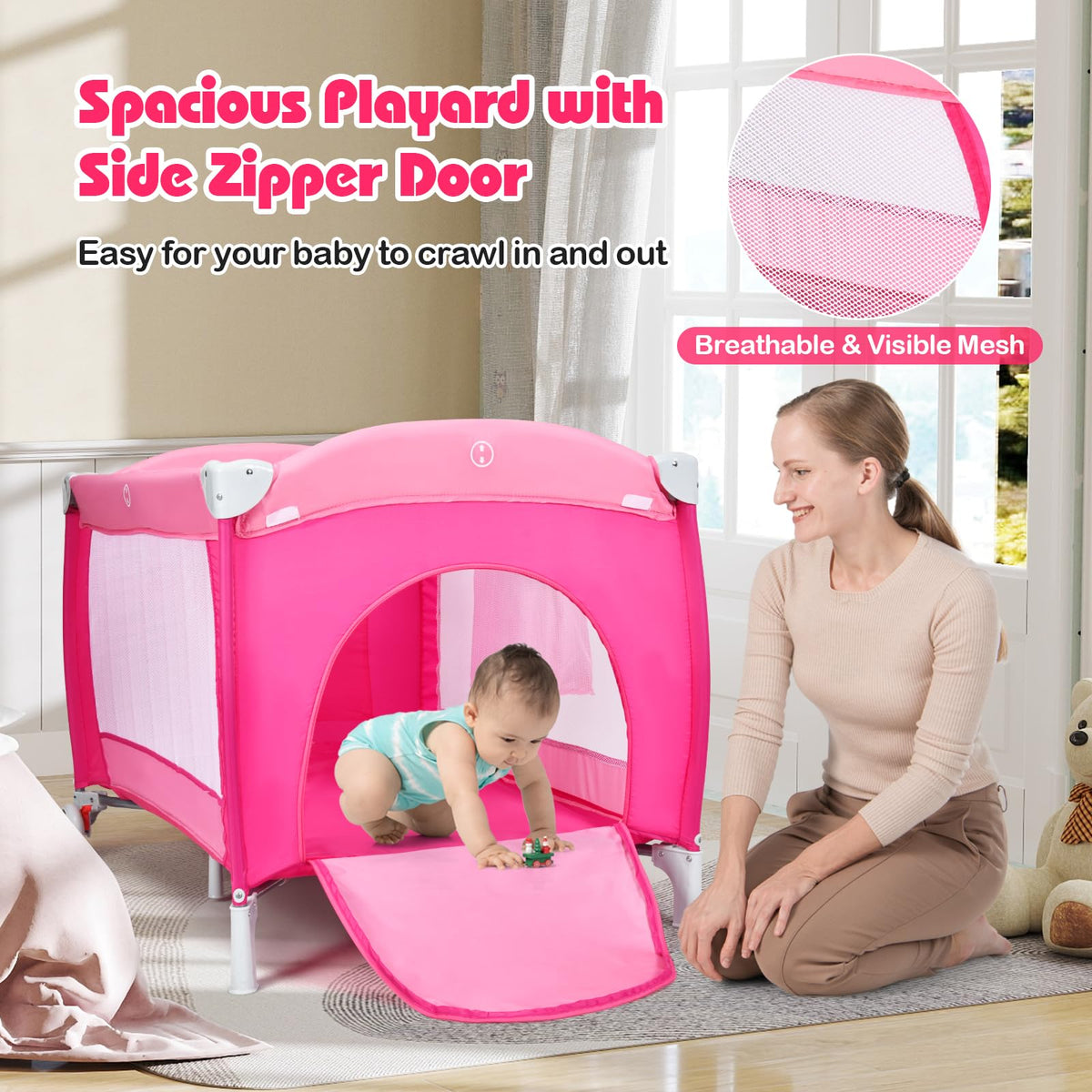 4 in 1 Pack and Play Portable Baby Bassinet Playpen with Diaper Changer Mattress Canopy Storage Rack Toy Bar Music Box Foldable Travel Playard Pink W5586
