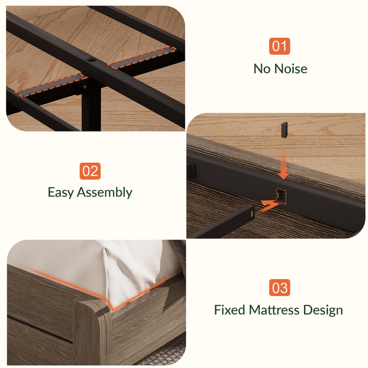 King Size Brown Wooden Platform Bed Frame with Headboard D89583