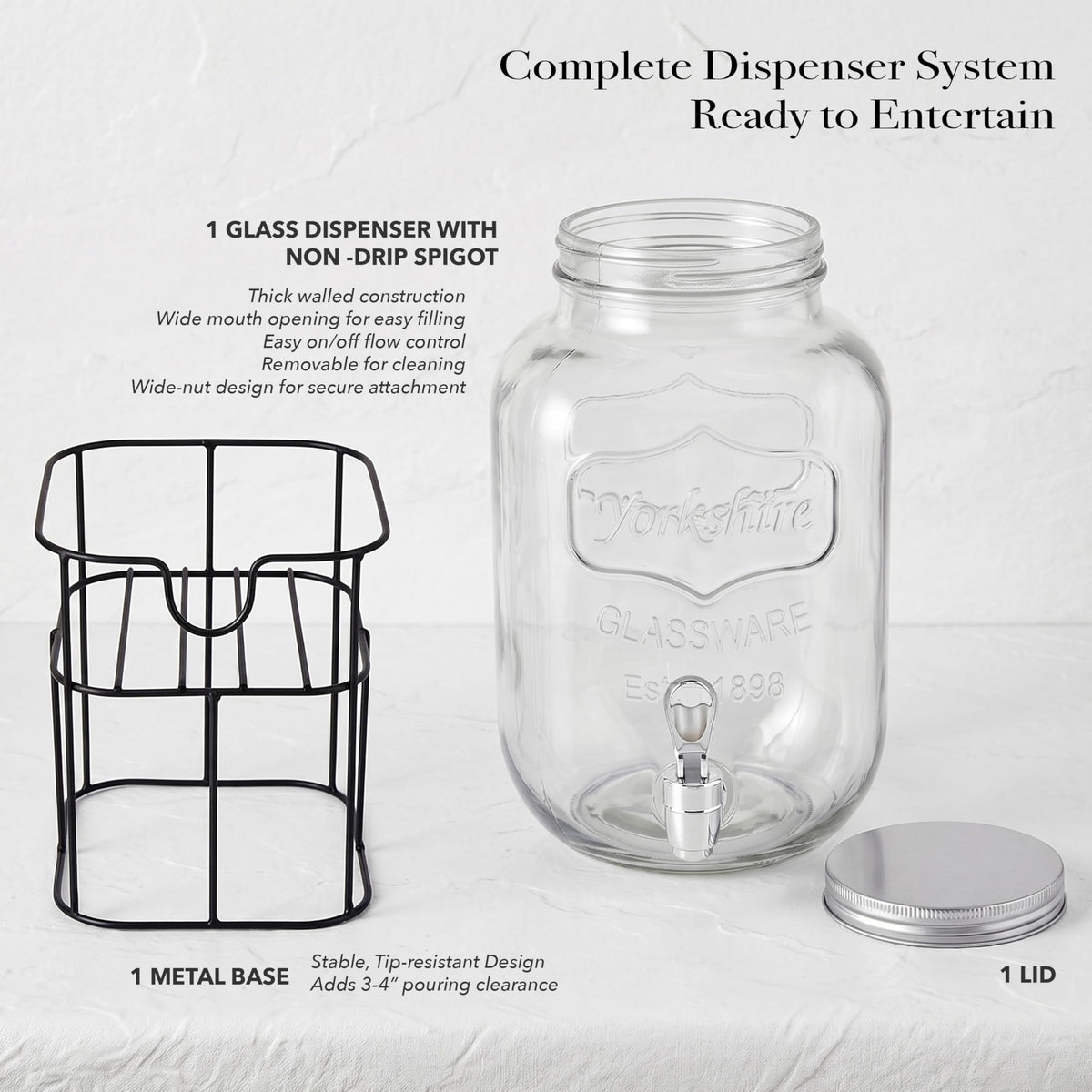 Mason Jar Glass Beverage Dispenser with Metal Stand, 1 Gal Q421