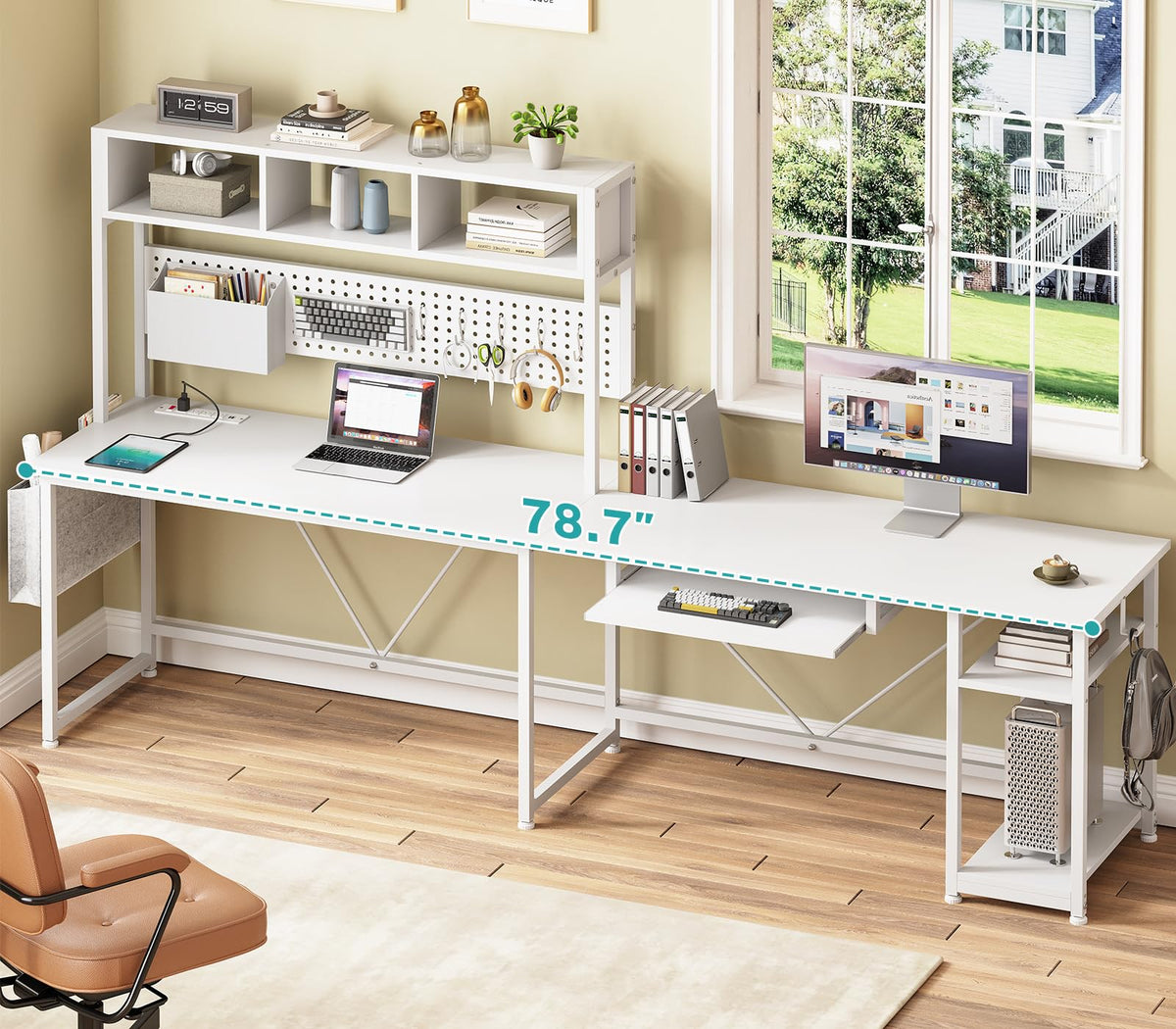 White L Shaped Office Desk with Power Outlet and Storage Shelves Z150